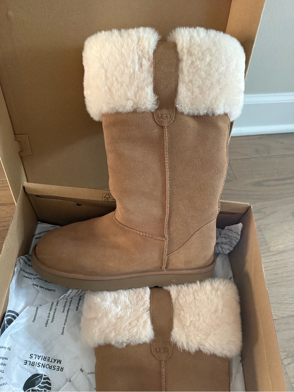 UGG Chestnut Suede Tall Boot with Cream Shearling Cuff - Picture 3 of 8